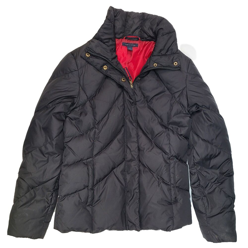 Tommy Hilfiger Black Puffer Jacket Women's S/P Down Fill Quilted Coat Red